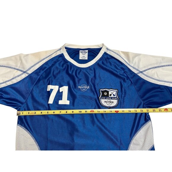 Hard Rock Cafe Blue Soccer Jersey Top Global Flag Design Large Live Love Play - Picture 7 of 10